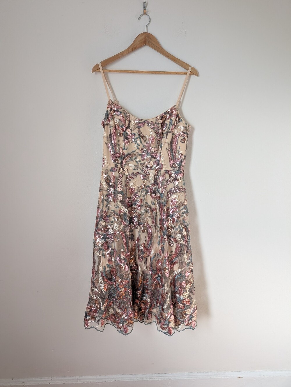 Dress The Population Nude Lavender Multi Teal Embroidered Sequin Uma Midi Dress